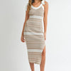 MABLE Striped Rib Knit Midi Dress - LT TAUPE