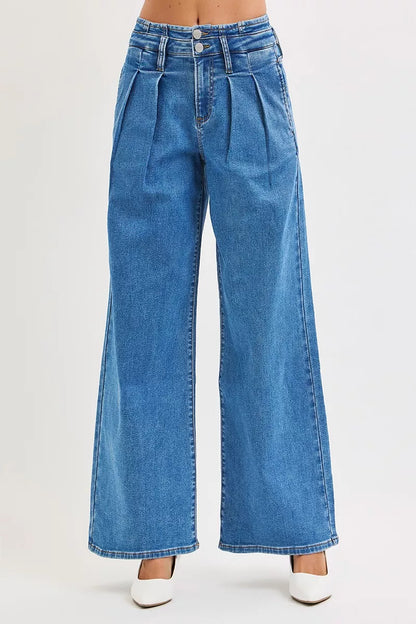 RISEN Full Size Mid Rise Fit Wide Leg with Pleated Detail Jeans Plus Size - Farnelli