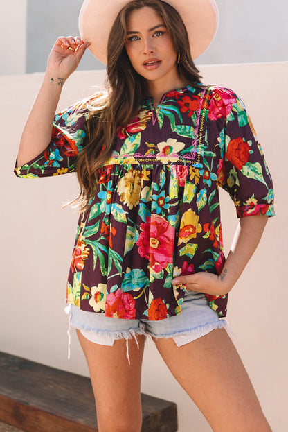 Adhara Flower Embroidered Trim Half Sleeve Blouse - Farnelli