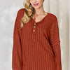 Basic Bae Full Size Ribbed Half Button Long Sleeve T-Shirt - Rust