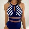 Mesh Detail Backless Striped One-Piece Swimsuit - Dark Navy