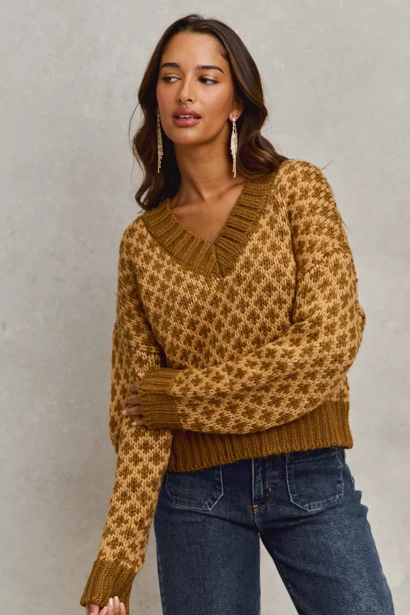 SO ME Color Block Textured Christmas Sweater V Neck Top - Farnelli