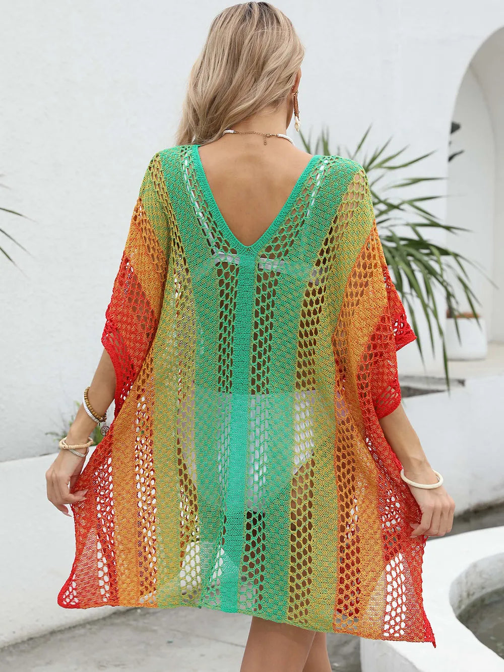 Openwork Contrast V-Neck Cover-Up - Farnelli