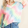 BiBi Tie Dye French Terry V-Neck Top with Puff Sleeves - PINK MULTI