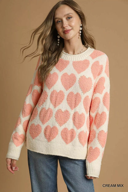 Umgee Mix Heart Pattern Pearl Accent Sweater - Farnelli