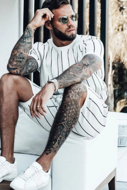 Men's Full Size Striped Casual Top and Shorts Summer Set Plus Size - Farnelli