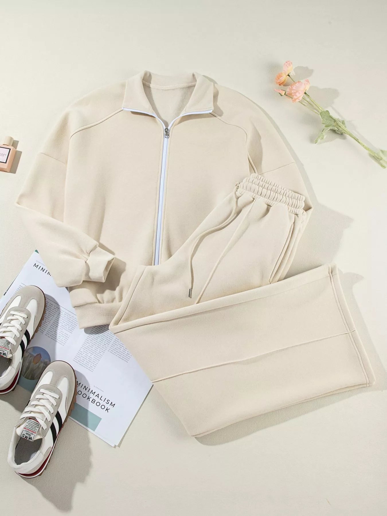 Drop Shoulder Zip Up Jacket and Drawstring Pants Active 2pcs Set - Farnelli