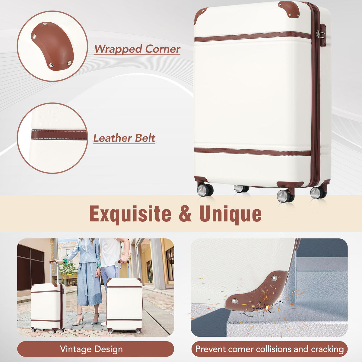 HouseOfZazla white 3-piece hardshell luggage set with TSA locks, shown in graduated sizes