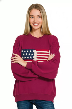 Zenana French Terry American Flag Pullover - Farnelli