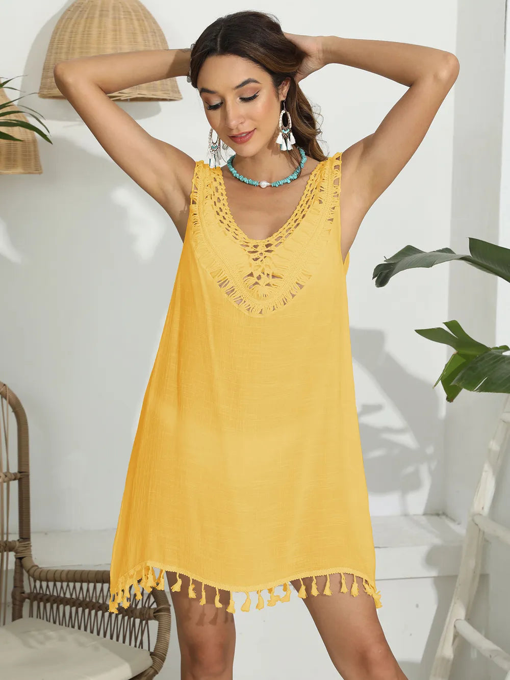 Tassel Scoop Neck Wide Strap Cover-Up - Farnelli