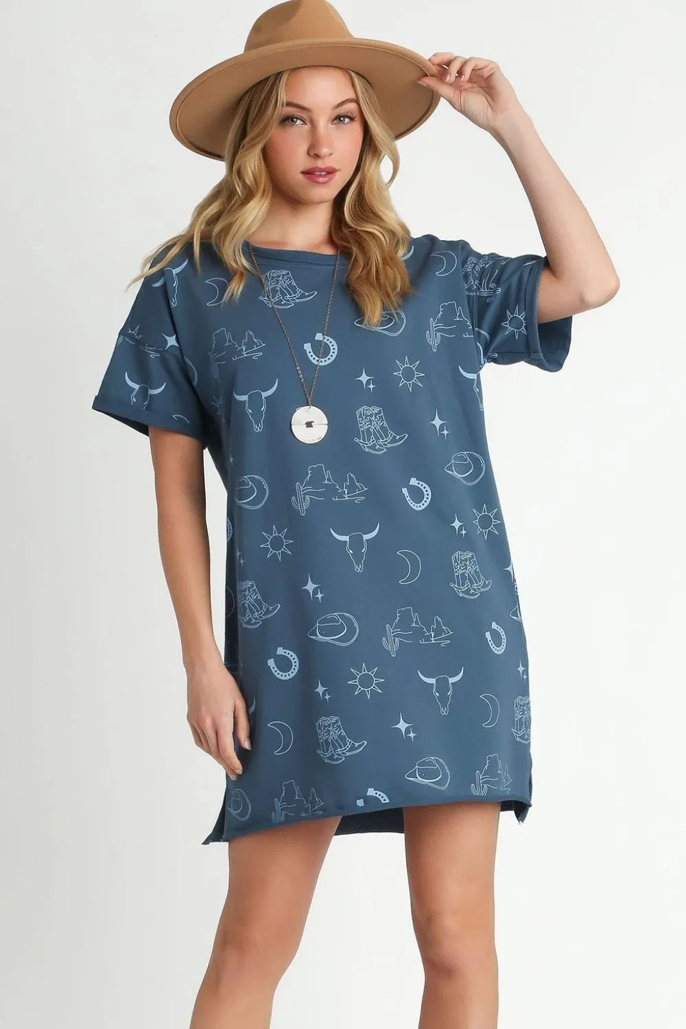 Umgee Full Size French Terry Short Sleeve Round Neck Dress Plus Size - Farnelli
