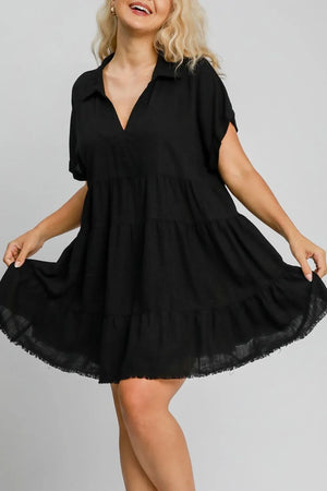 Umgee Full Size Raw Hem Folded Sleeve Tiered Dress Plus Size - Farnelli