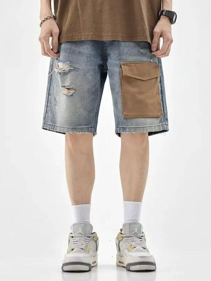 Men's Distressed Denim Shorts with Utility Pocket - Farnelli