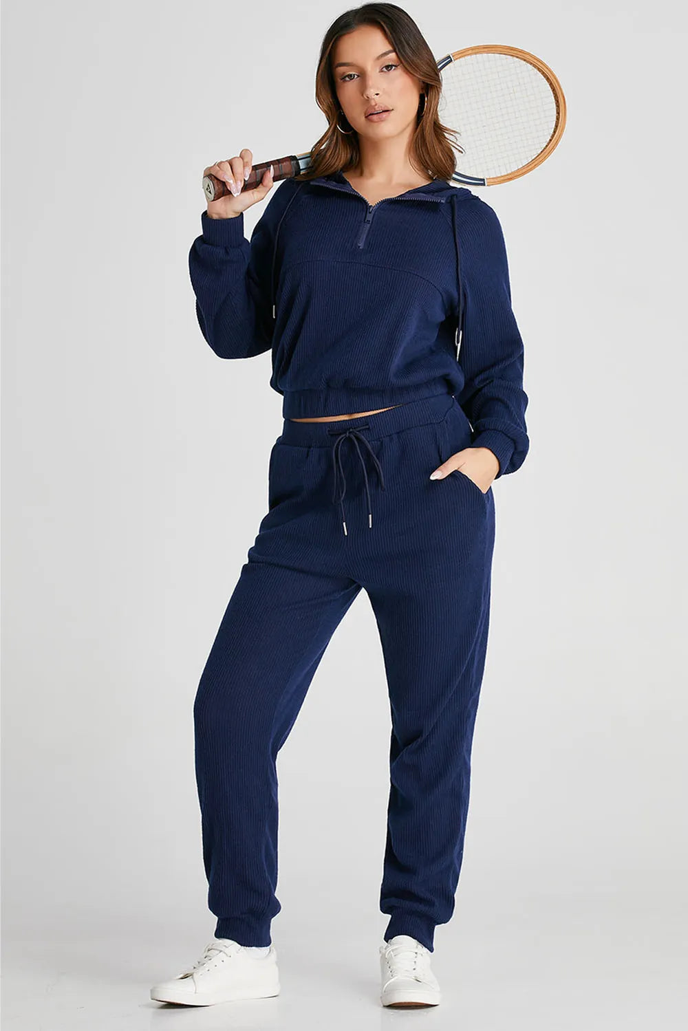 Drawstring Half Zip Hoodie and Joggers Active Set - Farnelli