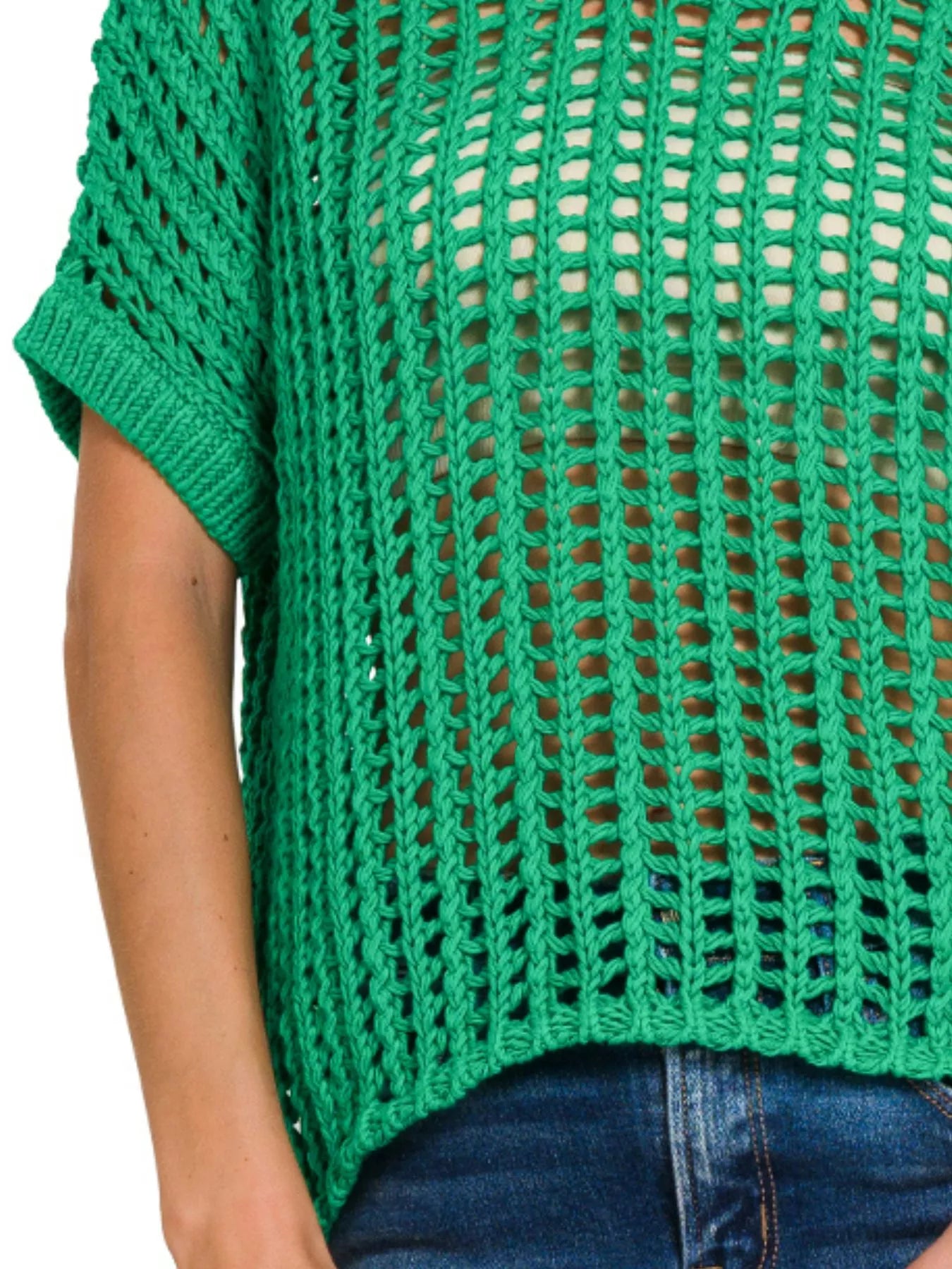 Zenana Fish Net Short Sleeve Crochet Knit Cover Up - Farnelli