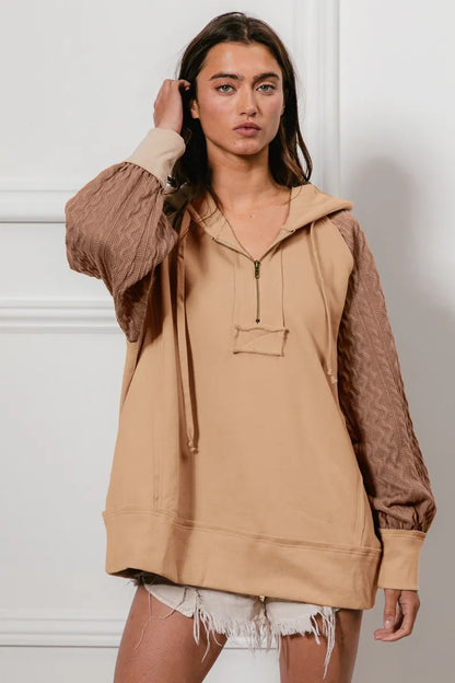 BiBi Half Zip French Terry Hoodie with Kint Sleeves - Farnelli