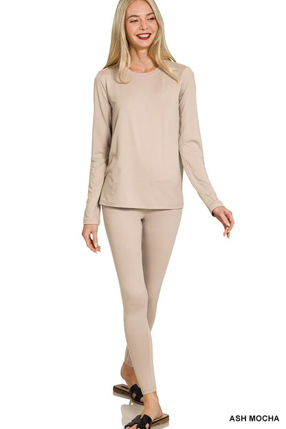 Zenana Microfiber Round Neck Top and Leggings Set - Farnelli