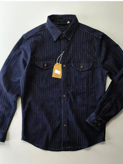 Men's Plus Size Striped Button Up Denim Shirt - Farnelli