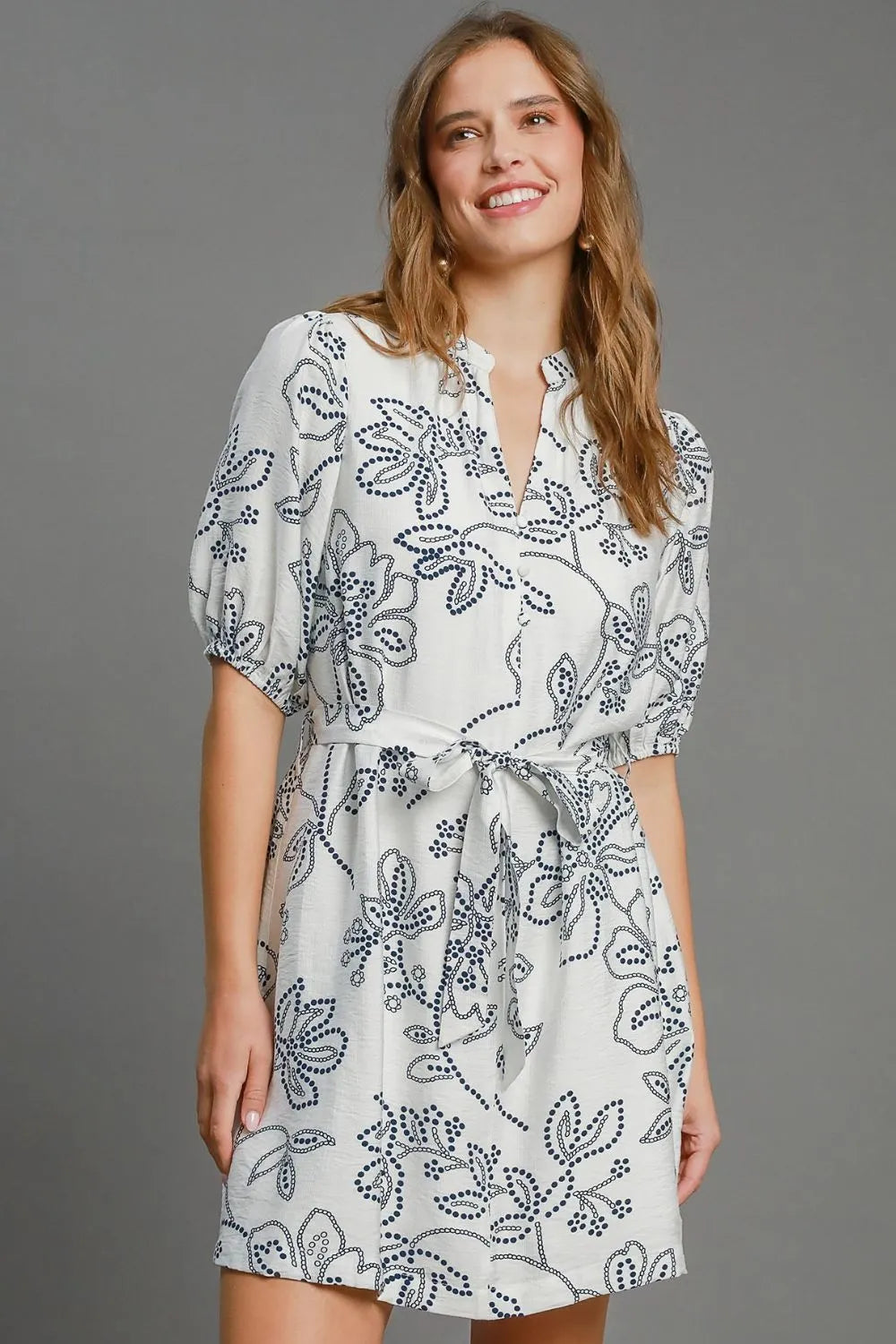 Umgee Full Size Floral Print Notched Puff Sleeve Mini Dress Plus Size - Farnelli
