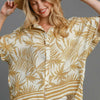 Umgee Full Size Tropical Print Button Down Shirt Plus Size - Mustard
