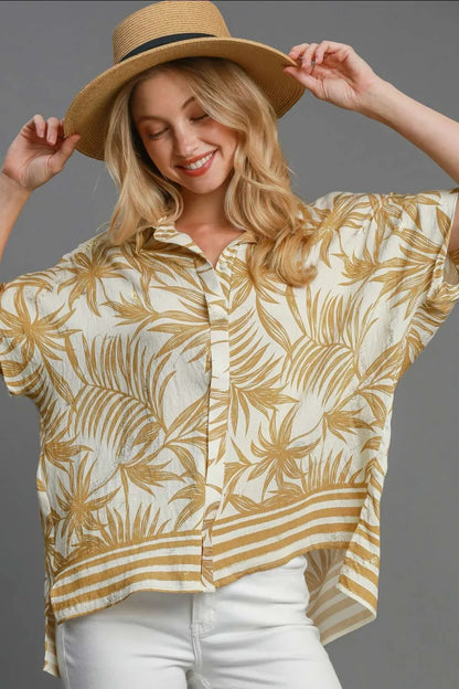 Umgee Full Size Tropical Print Button Down Shirt Plus Size - Farnelli