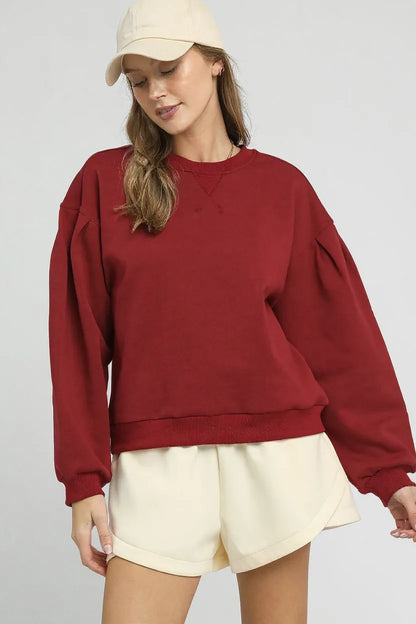 Umgee Round Neck Sweatshirt with Pleated Detail - Farnelli