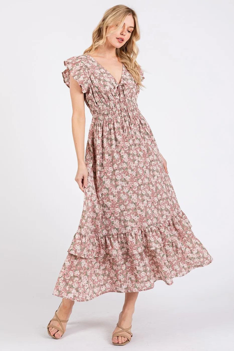 Mittoshop Flower Print Ruffle Cap Sleeve V-neck Midi Dress - Farnelli