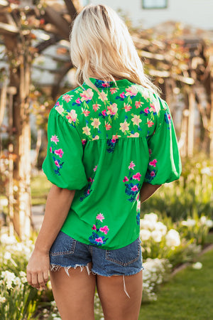 Ayah Floral Tie Split Neck Short Sleeve Blouse - Farnelli