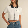 MABLE Button Down Contrast Collared Knit Cardigan - Cream