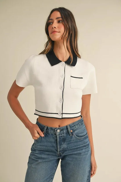 MABLE Button Down Contrast Collared Knit Cardigan - Farnelli