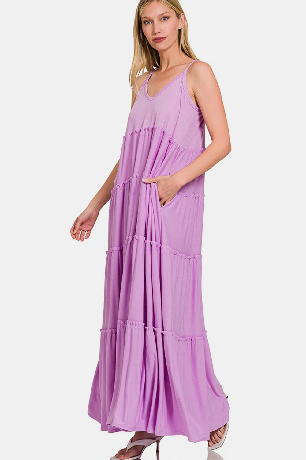 Zenana Frill Tiered V-Neck Maxi Cami Dress - Farnelli