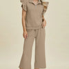 Double Take Full Size Texture Ruffle Short Sleeve Top and Wide Leg Pants Set - Khaki