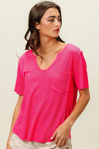 BiBi Waved Rib U Neck Top With Front Pocket - Farnelli