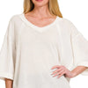 Zenana Brushed Waffle Exposed-seam 3/4 Sleeve Top - OFF WHITE