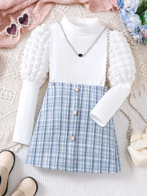 Children's Puff Sleeves Top and Plaid Skirt Set - Farnelli