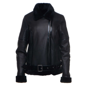 Tashas Black Sheepskin Shearling B-3 Bomber Style Jacket