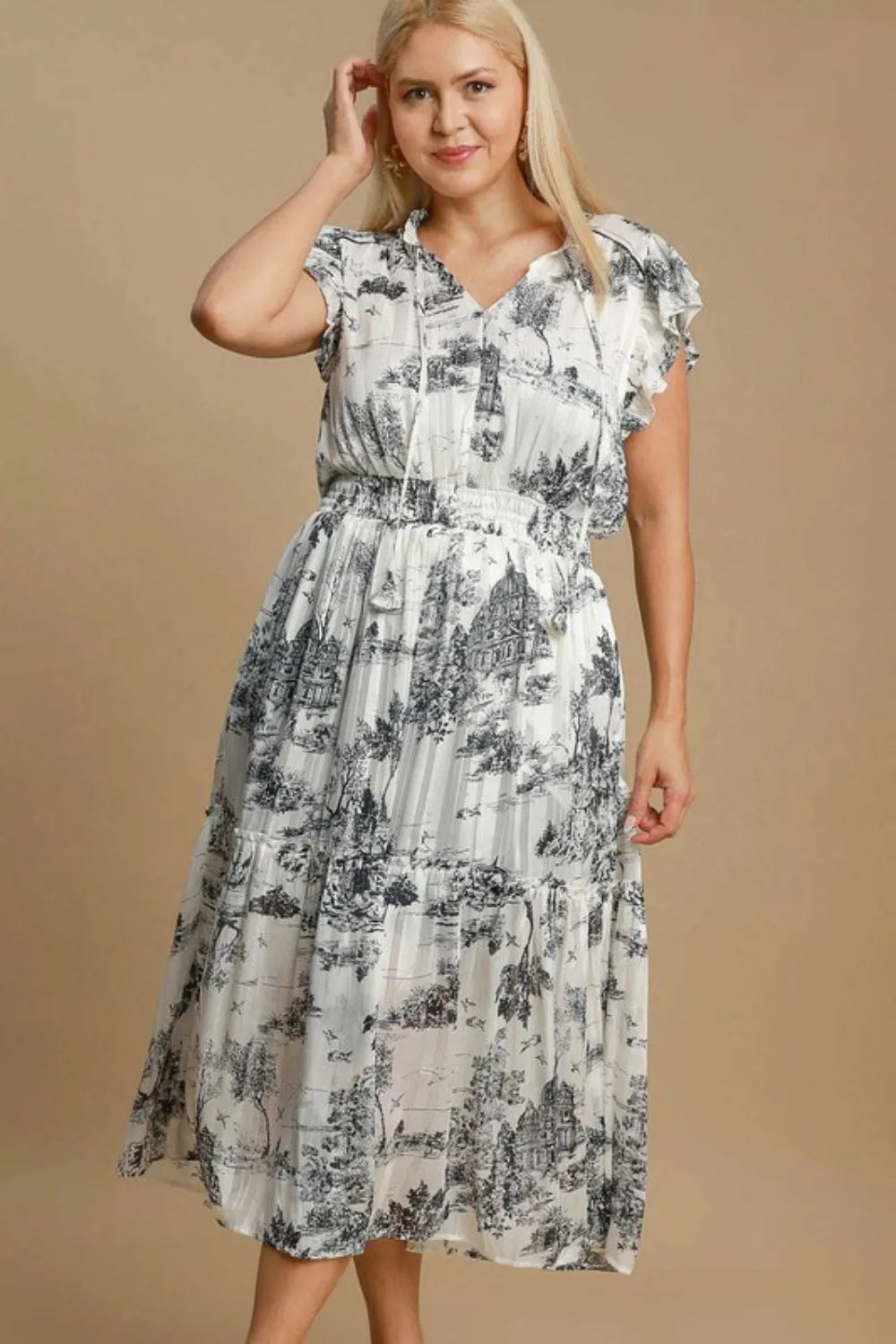 Umgee Full Size Two Tone Landscape Print Midi Dress Plus Size - Farnelli