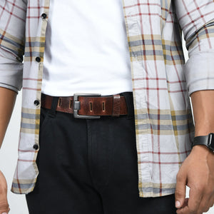 Dark brown leather belt from Classy Leather Bags featuring a classic buckle and smooth finish.