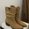 Point Toe Block Heels Boots - Tan