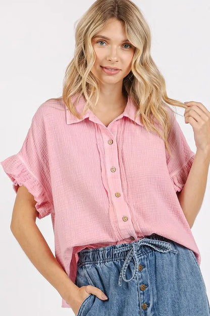 Mittoshop Mineral Washed Button Down Flounce Sleeve Shirt - Farnelli