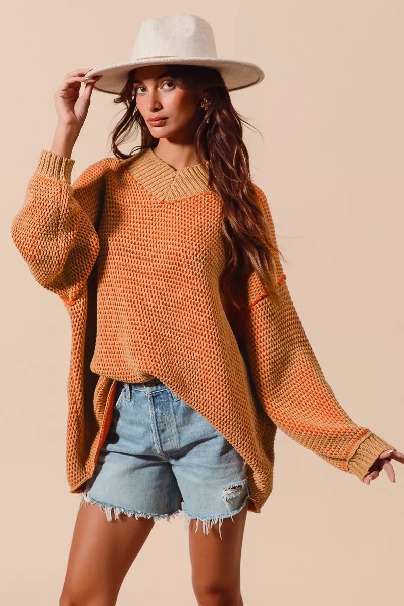 SO ME Oversized Two Tone Textured V Neck Sweater - Farnelli