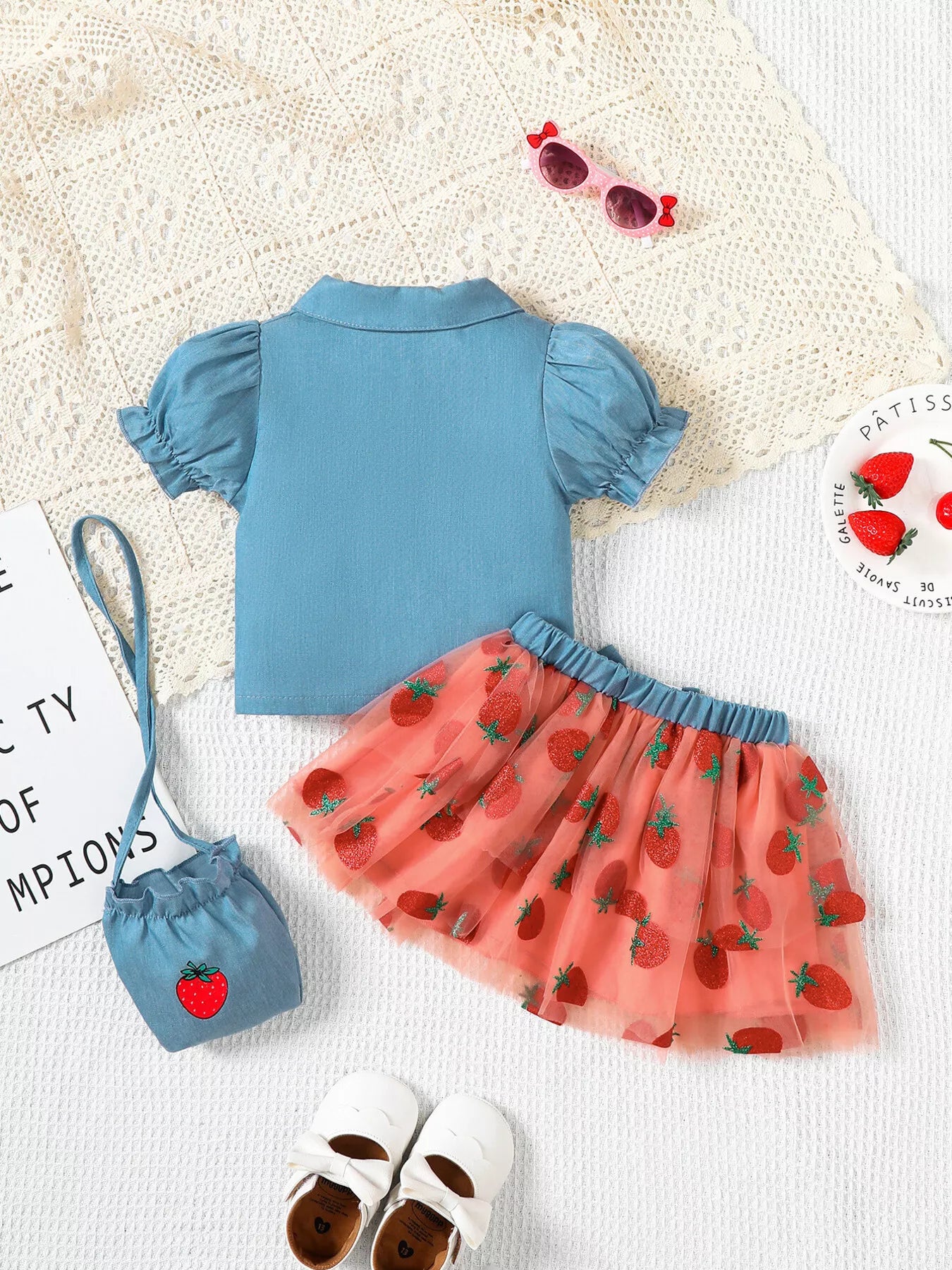 Children's Strawberry Short Sleeve Top and Skirt Set with Bag - Farnelli