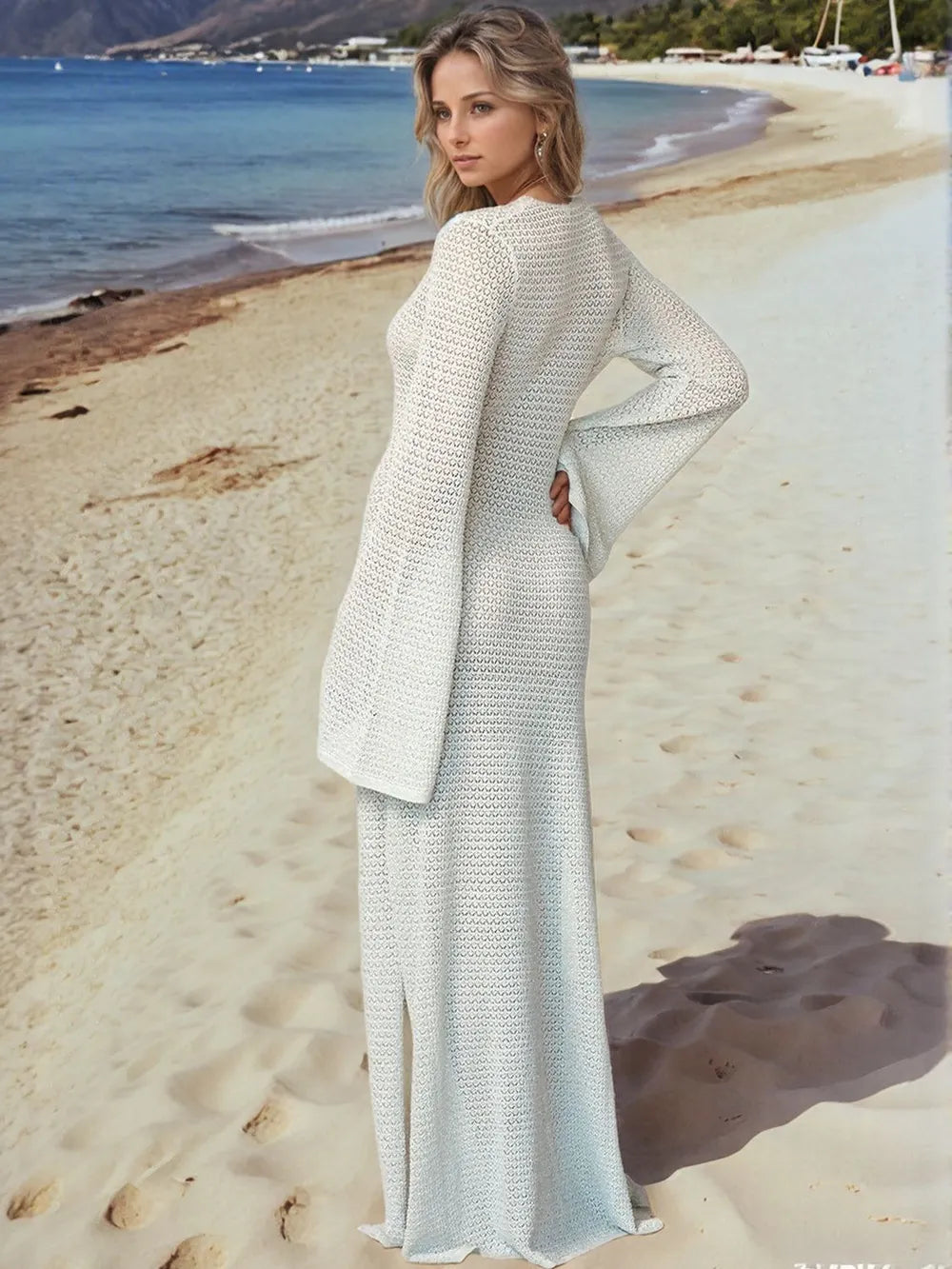 Slit Plunge Flare Sleeve Cover-Up Dress - Farnelli