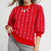 Umgee Jacquard Knit Puff Sleeve Sweater - Red