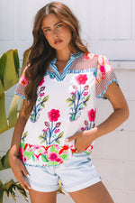 Maya Floral Striped Split Neck Blouse - Farnelli