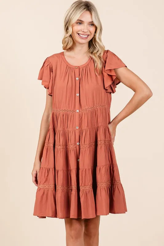 Mittoshop Lace Detail Ruffled Button Down Tiered Dress - Farnelli