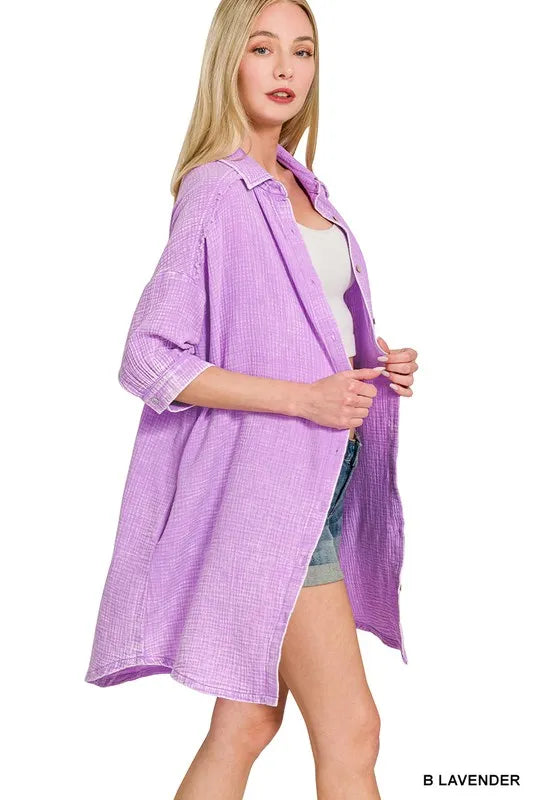 Zenana Washed Double Gauze Button Down Shirt Dress - Farnelli