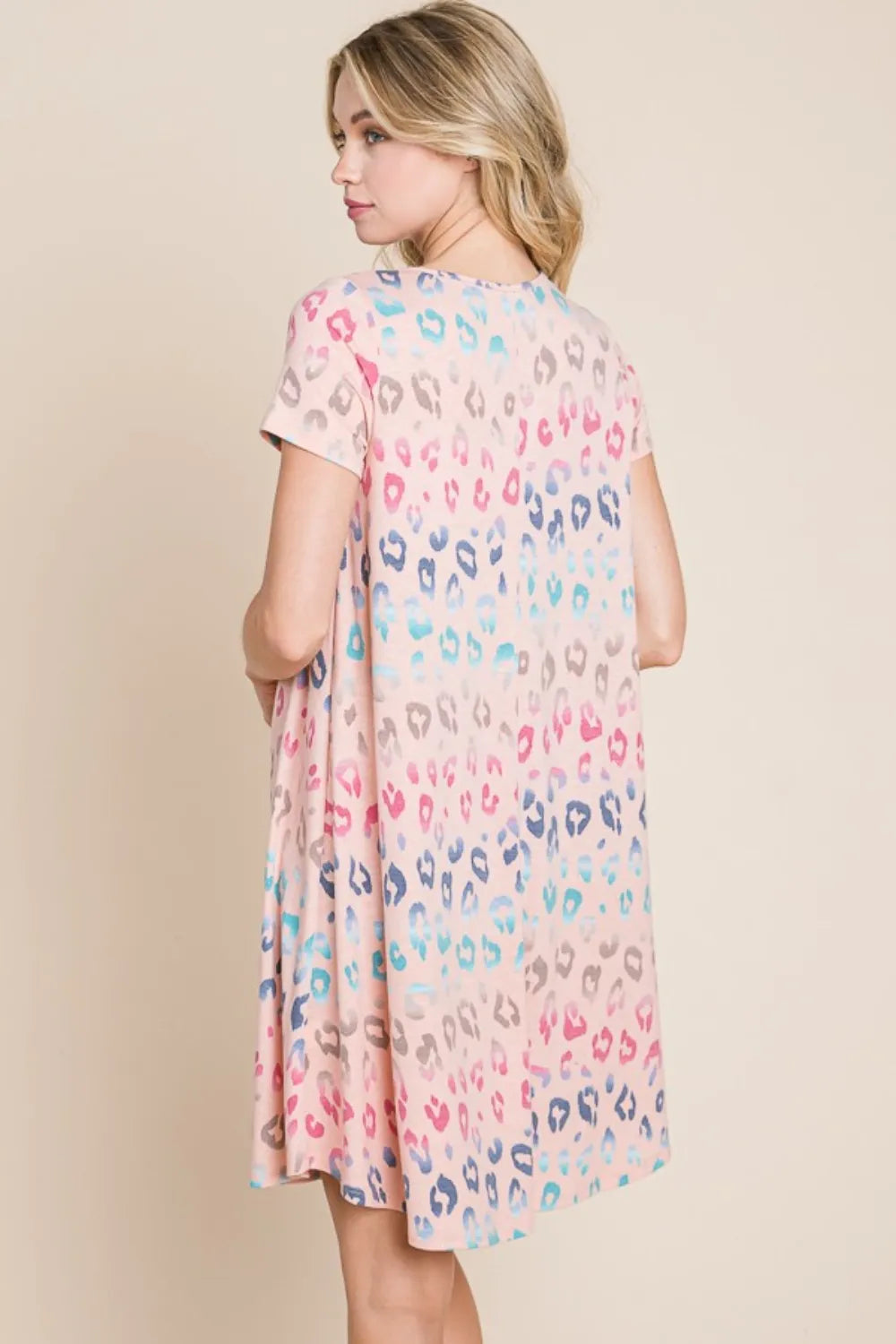 BOMBOM Leopard Round Neck Short Sleeve Dress - Farnelli
