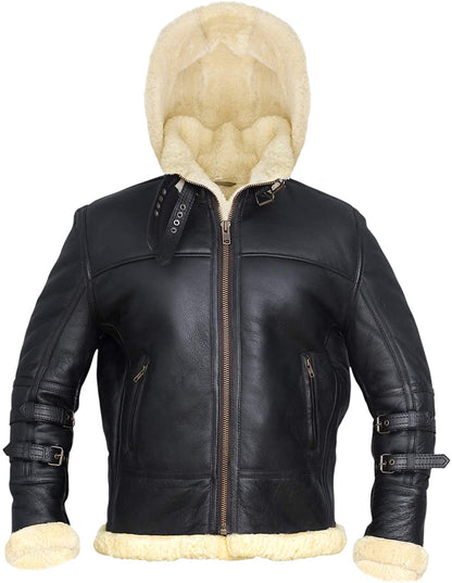 B3 Bomber Jacket with Real Shearling and Removable Hood – Black
