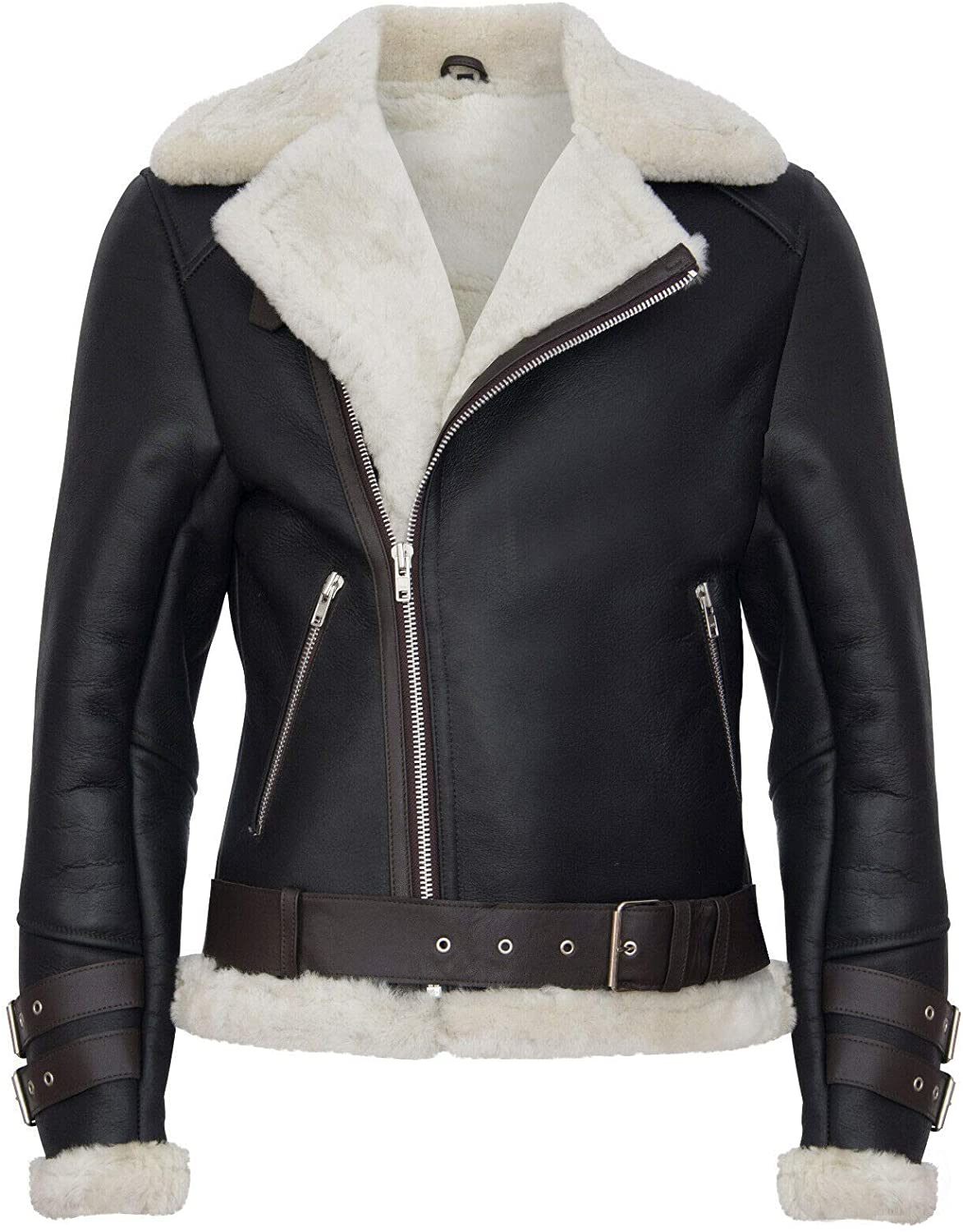 Men’s Retro RAF B3 Pilot Real Sheepskin Shearling Biker Leather Jacket